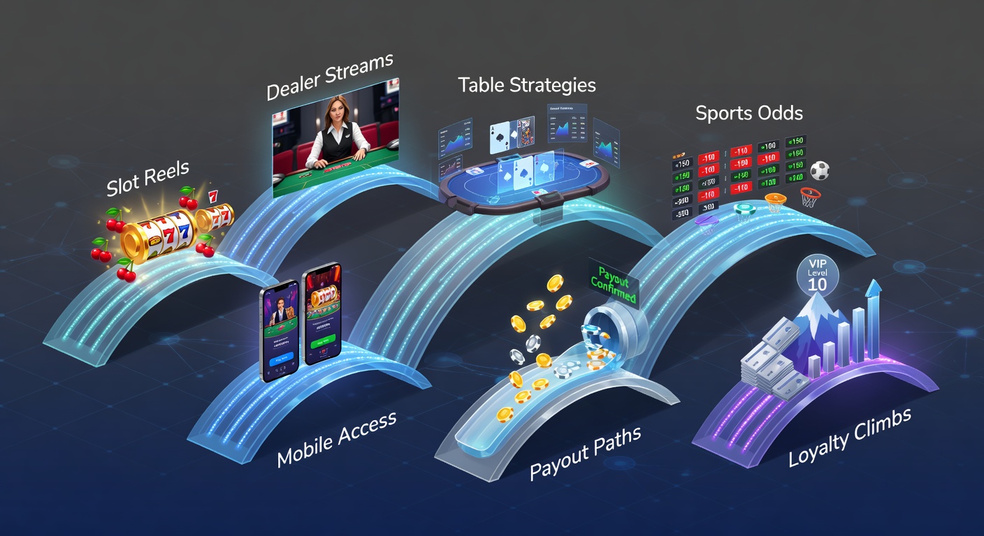 Vibrant digital graphic showing interconnected bridges between slot machines, live dealer tables, sports betting interfaces, mobile devices, and loyalty reward ladders, symbolizing promotional links in online gaming