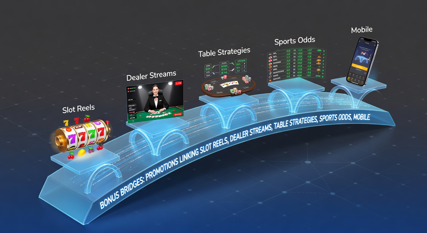 Close-up illustration of a glowing bridge connecting a spinning slot reel to a live dealer blackjack table, with sports betting slips and mobile phone icons extending toward loyalty reward pyramids in the background
