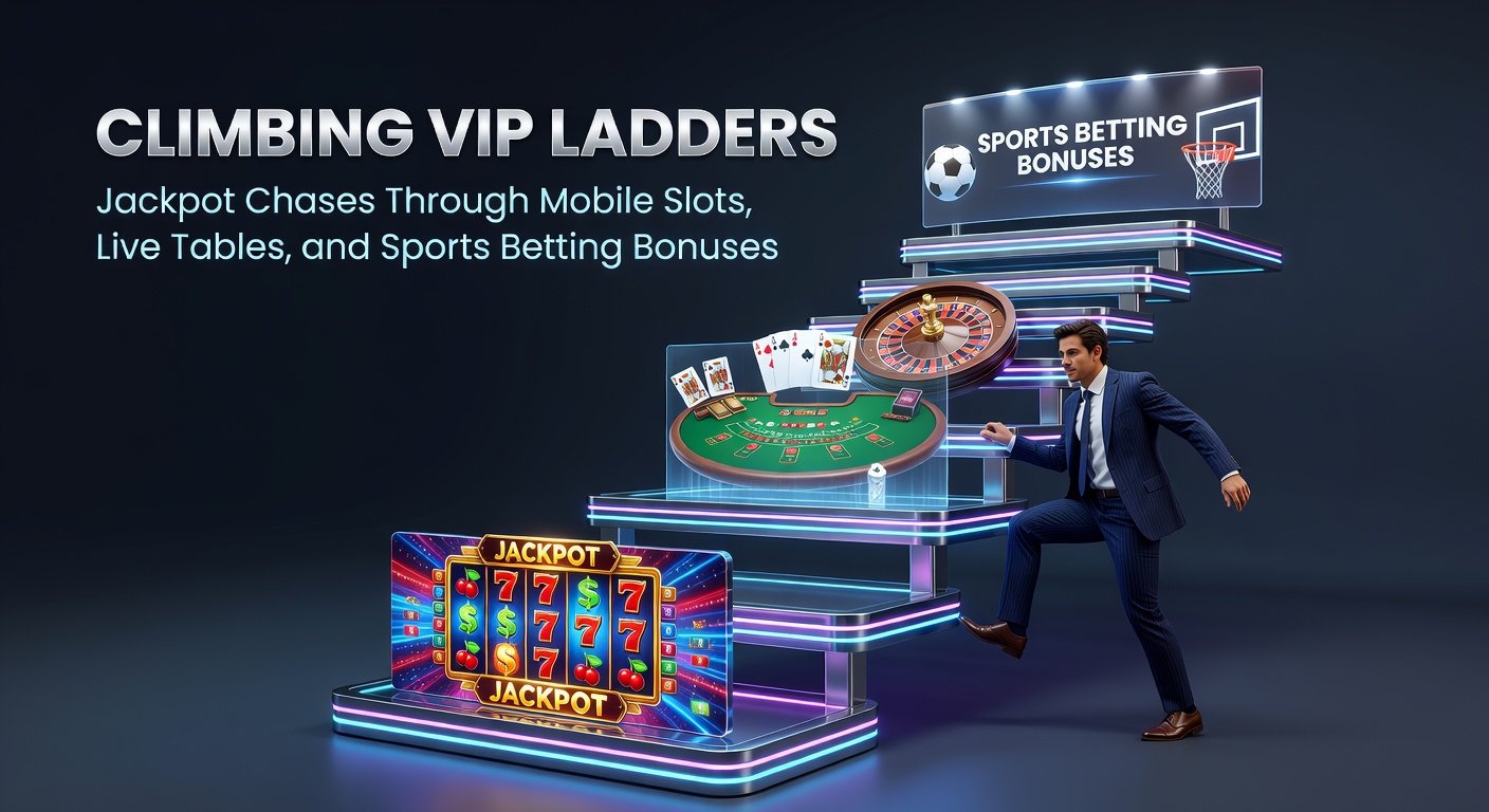 Illustration of a glowing VIP ladder ascending toward massive jackpot prizes in a vibrant casino environment