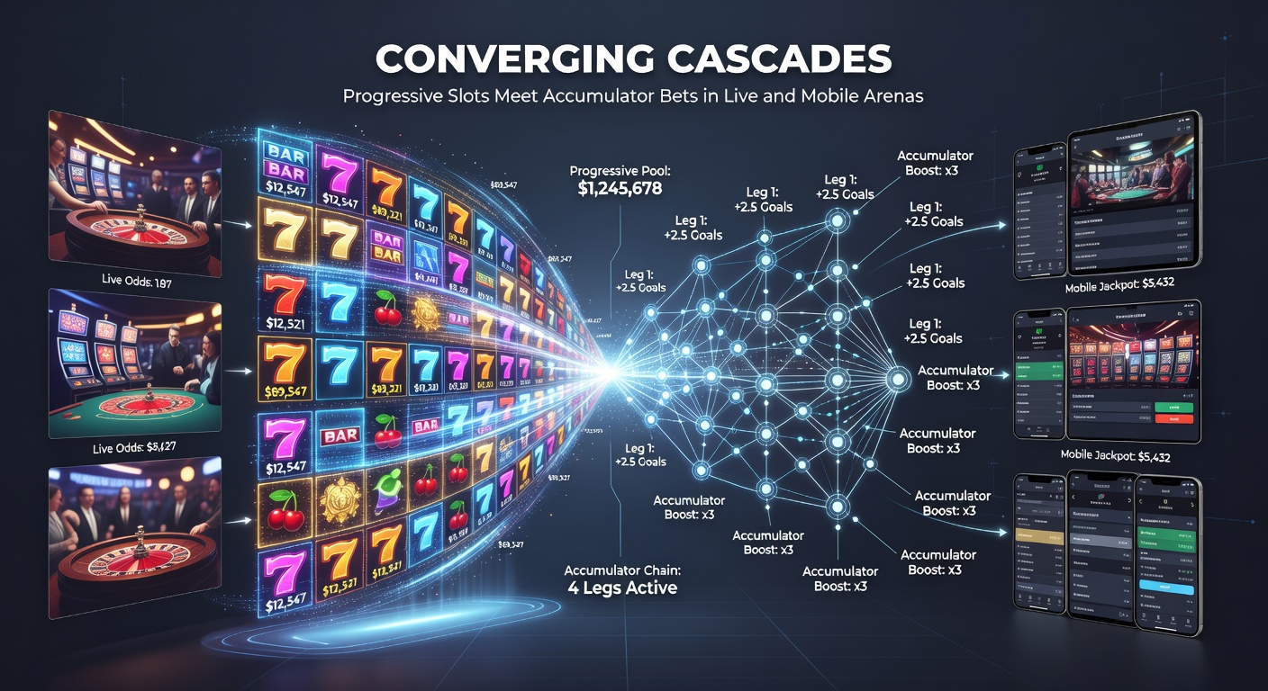 Mobile screen split-view showing live dealer progressive slot action intertwined with an expanding accumulator bet on sports events, emphasizing seamless convergence