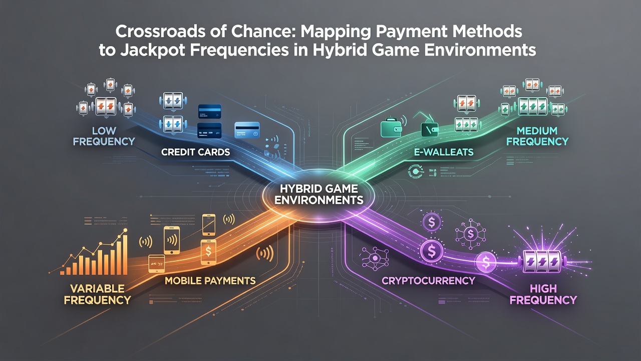 Hybrid casino interface showing interconnected payment gateways and jackpot meters across slots, live tables, and sports betting sections