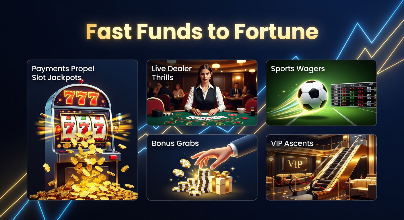 Digital payment icons overlayed on slot machine reels spinning towards a jackpot win, symbolizing rapid funds fueling big payouts