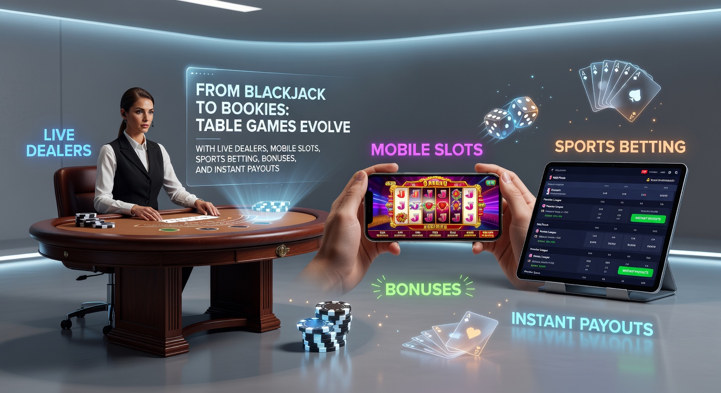 A dynamic scene of a live dealer at a blackjack table interacting with digital players on screens, blending traditional casino atmosphere with modern tech interfaces