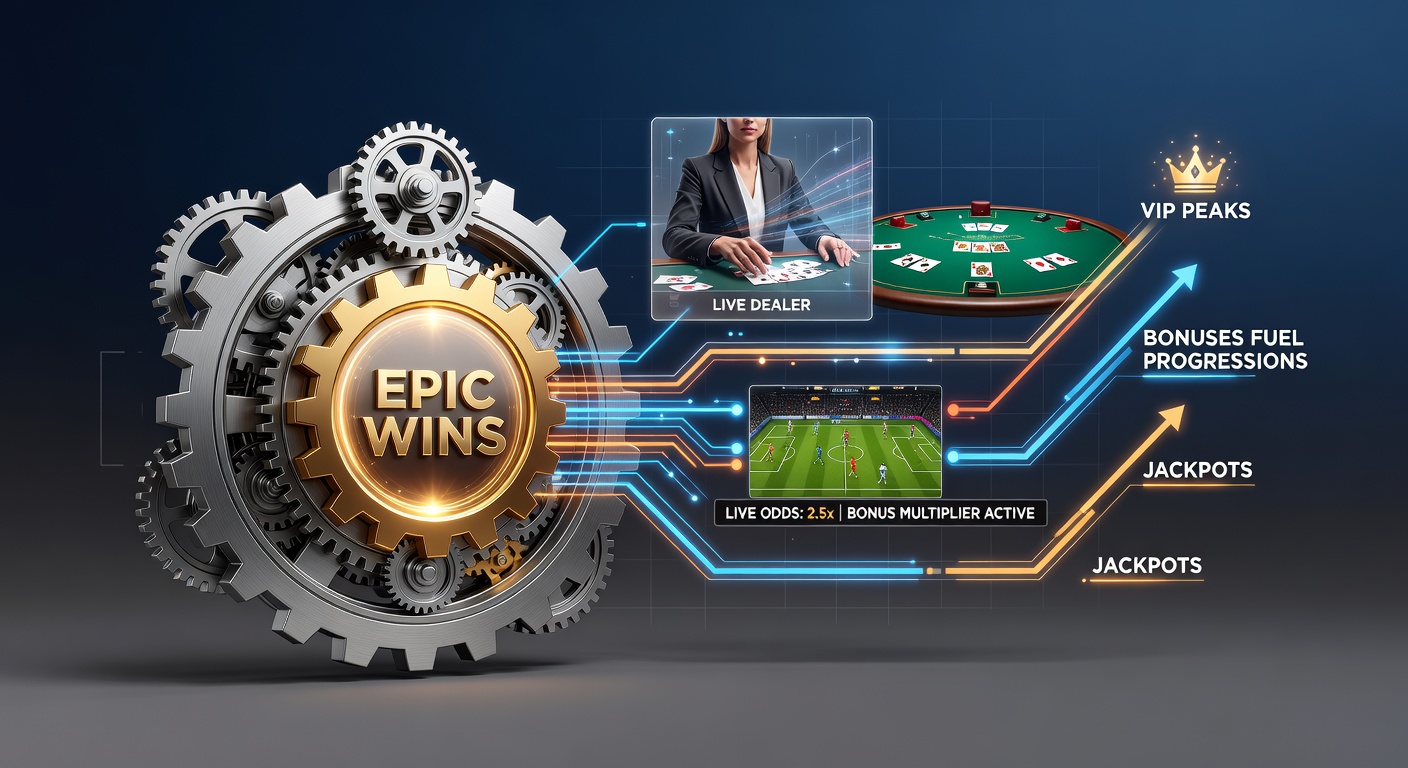 Digital gears interlocking slots, live dealers, and sports betting interfaces on a vibrant casino platform