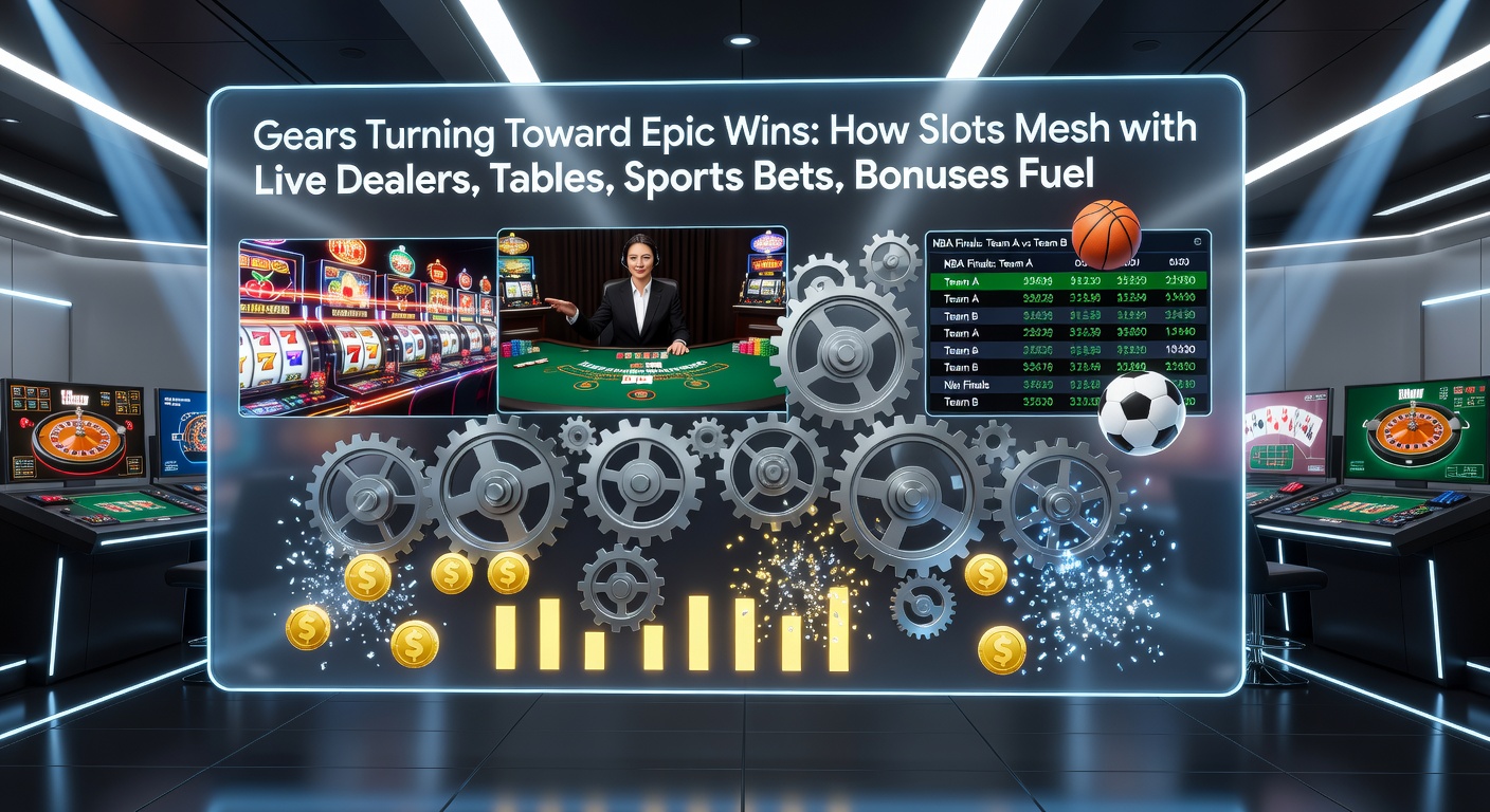 Interconnected casino gears symbolizing slots, live tables, sports bets, and jackpot progress bars aligning toward VIP summits