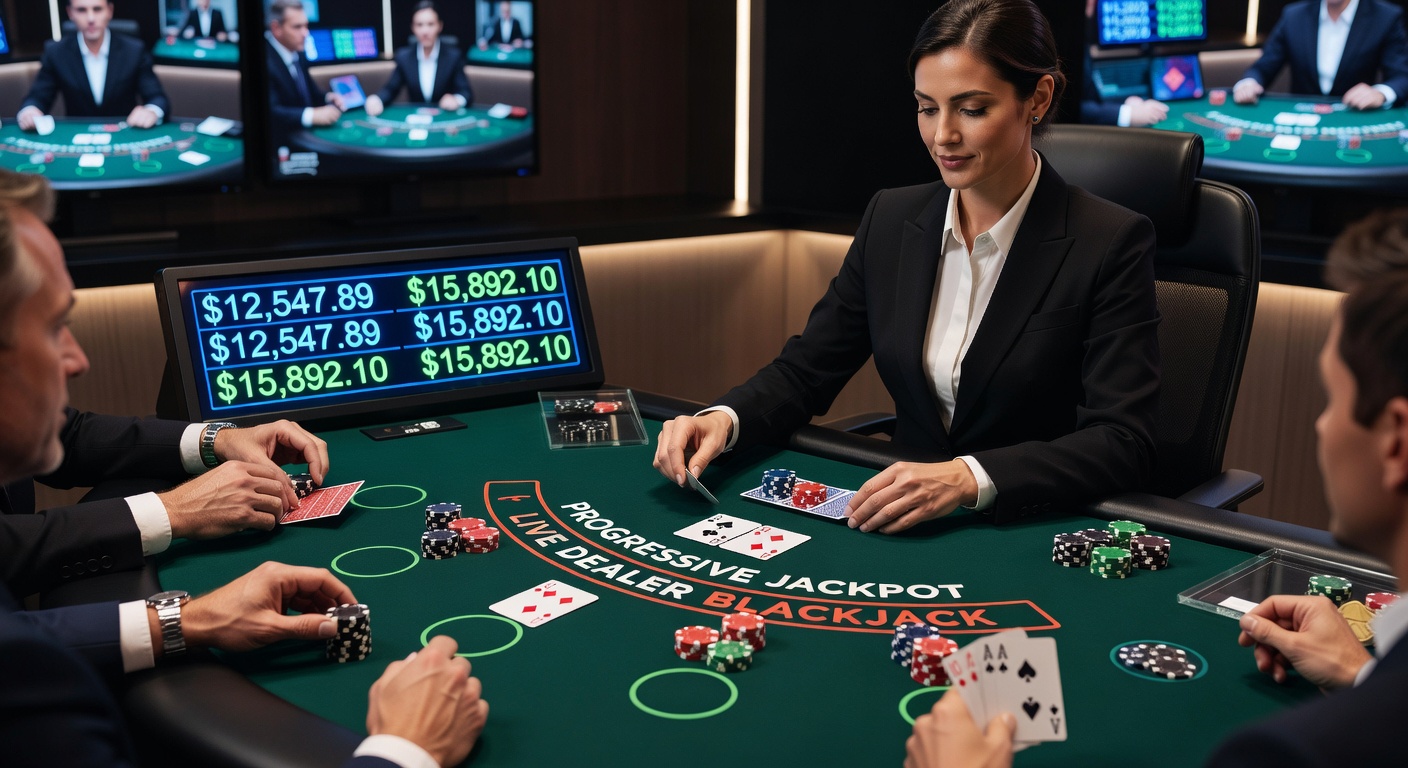 Close-up of a live dealer spinning a roulette wheel with a progressive jackpot side bet interface overlay, showing climbing prize tiers and real-time player chats
