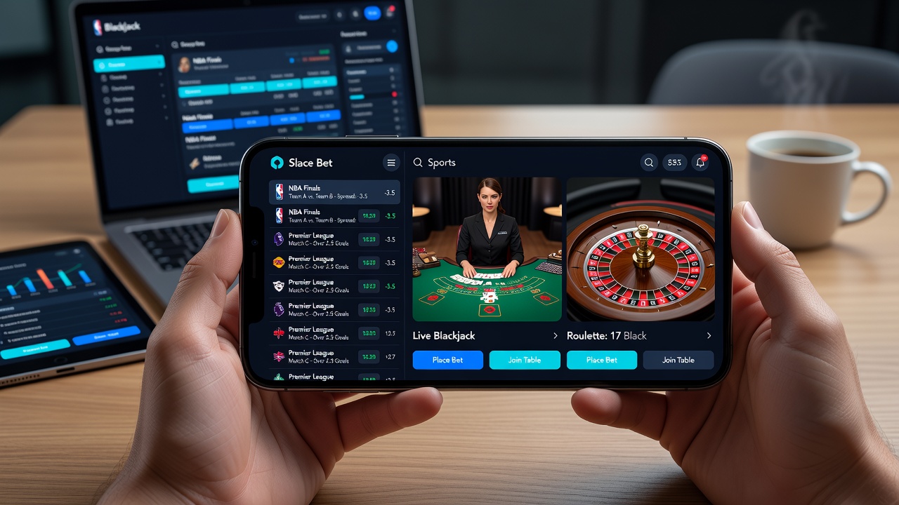 Mobile device showing integrated sports betting and live casino interface on a handheld screen