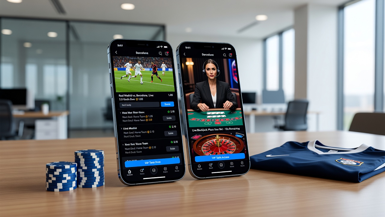 Close-up of smartphone screen displaying blended live casino and sports wager options