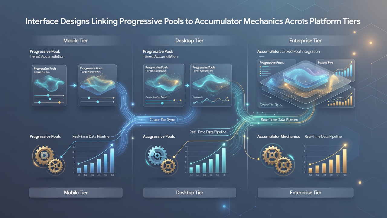 Screenshot of tiered interface showing progressive pool meters linked to accumulator bet trackers on mobile and desktop views