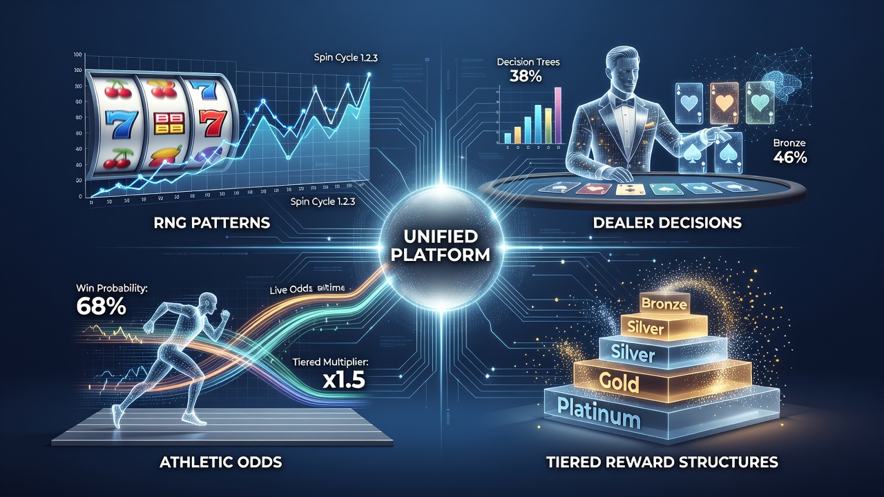 Visual representation of interconnected algorithms across gaming platforms showing data flows between slots, live tables, sports betting, and reward systems