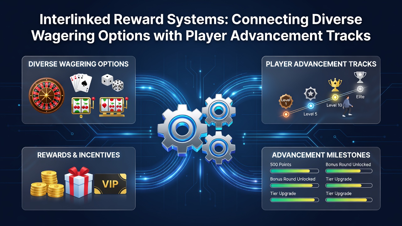 Diagram showing connections between slots, live tables, sports betting, and player advancement tracks in reward systems