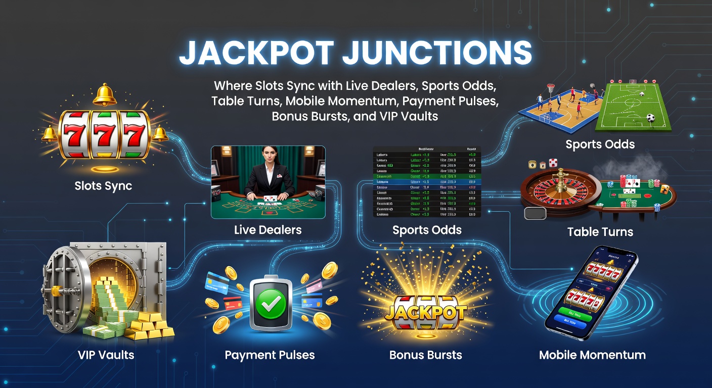 Digital casino interface showing synchronized slots, live dealer tables, and sports betting odds on a single screen