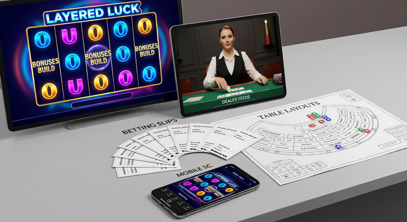 Dynamic interface showing interconnected bonuses across a live dealer roulette wheel, sports betting slip, slot jackpot meter, and VIP progress bar on a tablet screen