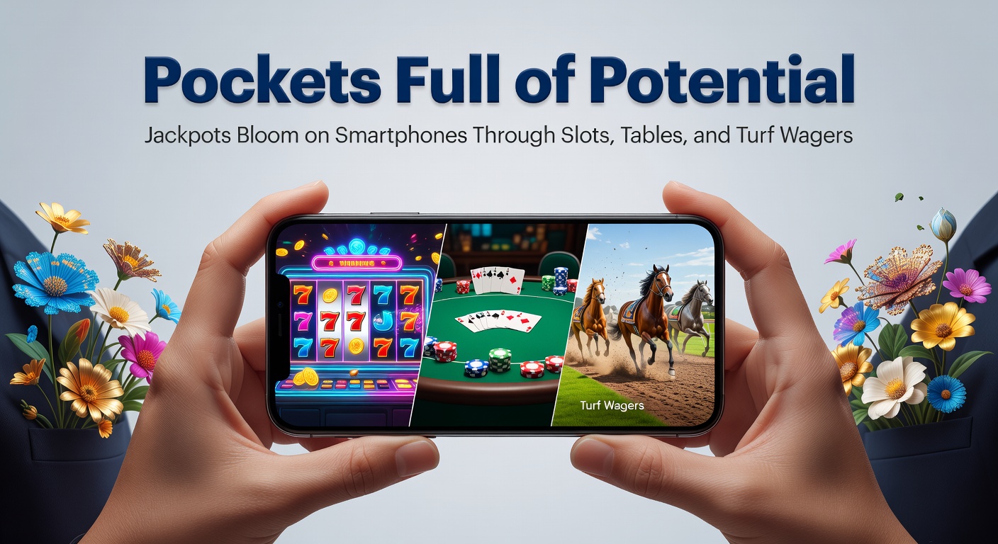 Smartphone screen displaying vibrant slot reels with jackpot counters ticking upward amid a backdrop of racing turf and table game cards