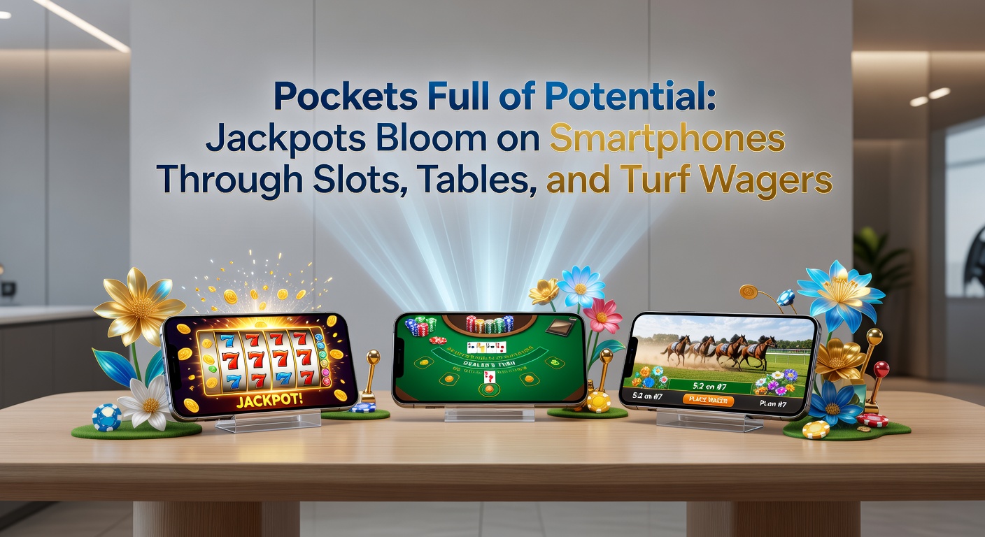 Close-up of a hand holding a smartphone with live turf race odds flashing, overlaid jackpot meters for slots and tables in the background