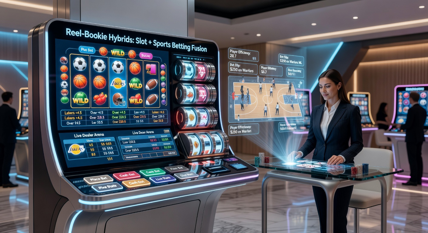 Close-up of a live dealer at a hybrid console, surrounded by slot reels displaying sports betting markets and live match highlights