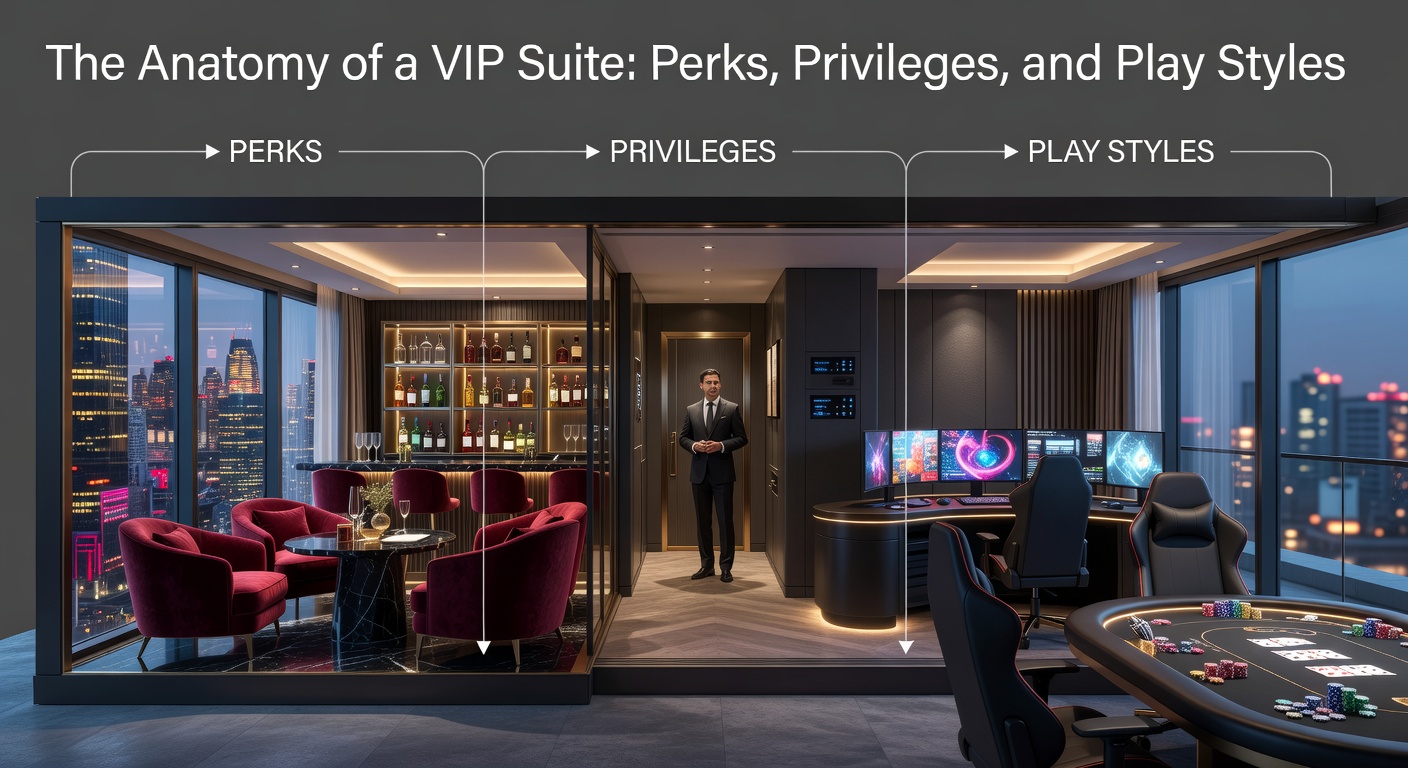 Elegant digital VIP suite dashboard showcasing exclusive casino features, high-limit tables, and personalized bonuses on a sleek interface