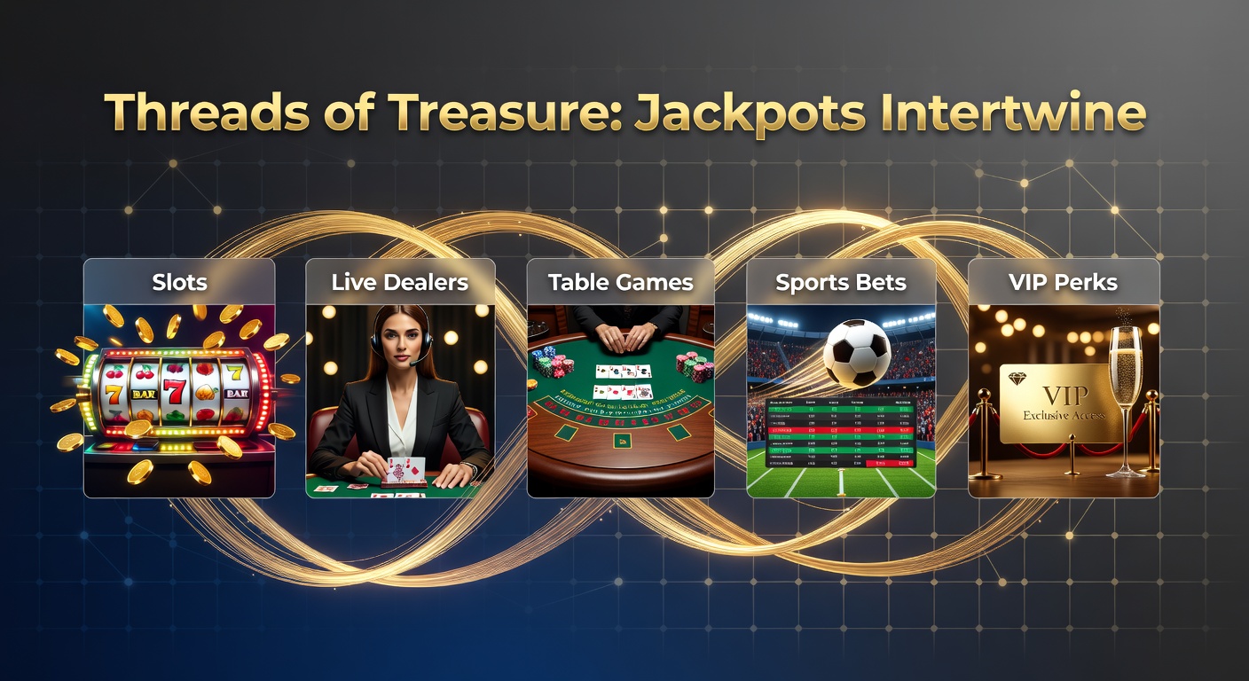 Vibrant casino scene showing interconnected jackpot meters across slots, live dealer tables, sports betting interfaces, and VIP lounges, with golden threads linking treasure symbols