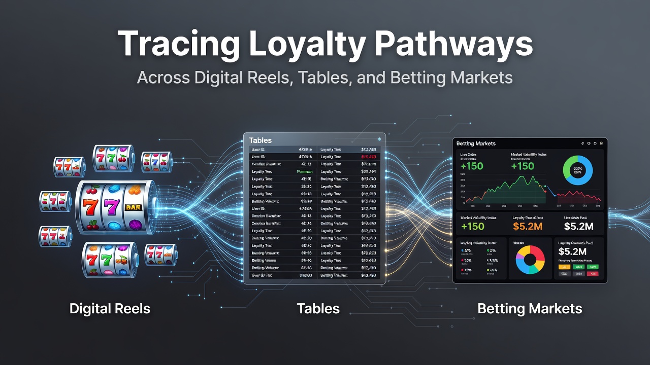 Digital illustration showing interconnected loyalty pathways across slot reels, live tables, and betting interfaces