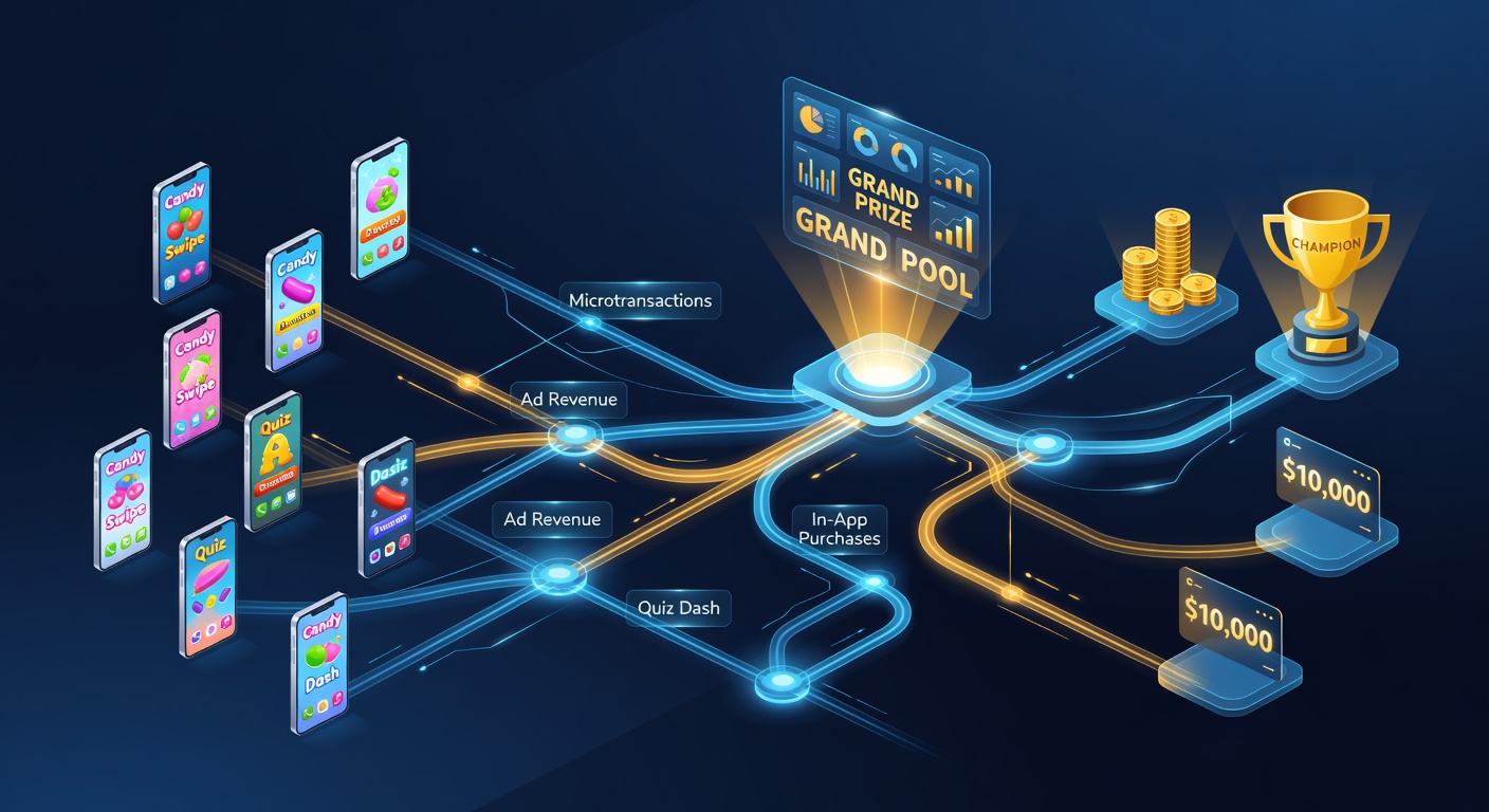 Diagram depicting layered transaction routes from smartphone interfaces through central processing hubs to grand prize displays and VIP tier indicators