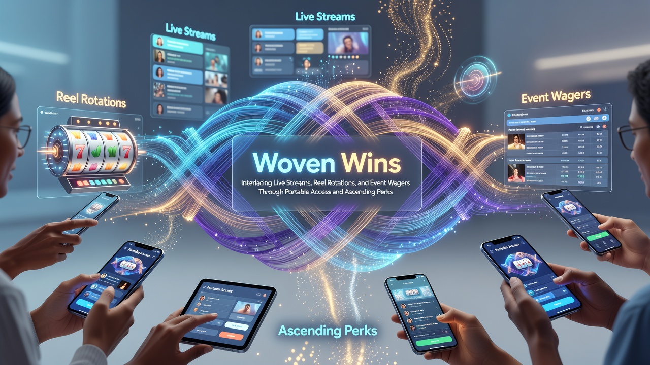 Mobile device displaying intertwined live dealer streams, spinning slot reels, and live sports betting interfaces with VIP progress indicators